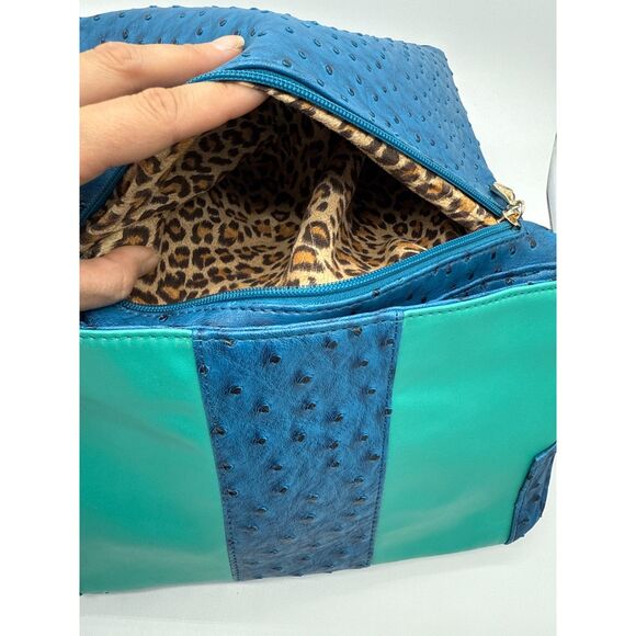 Cri De Coeur Vegan Ostrich Leather Foldover Crossbody Purse Bag Blue Green - Picture 5 of 5